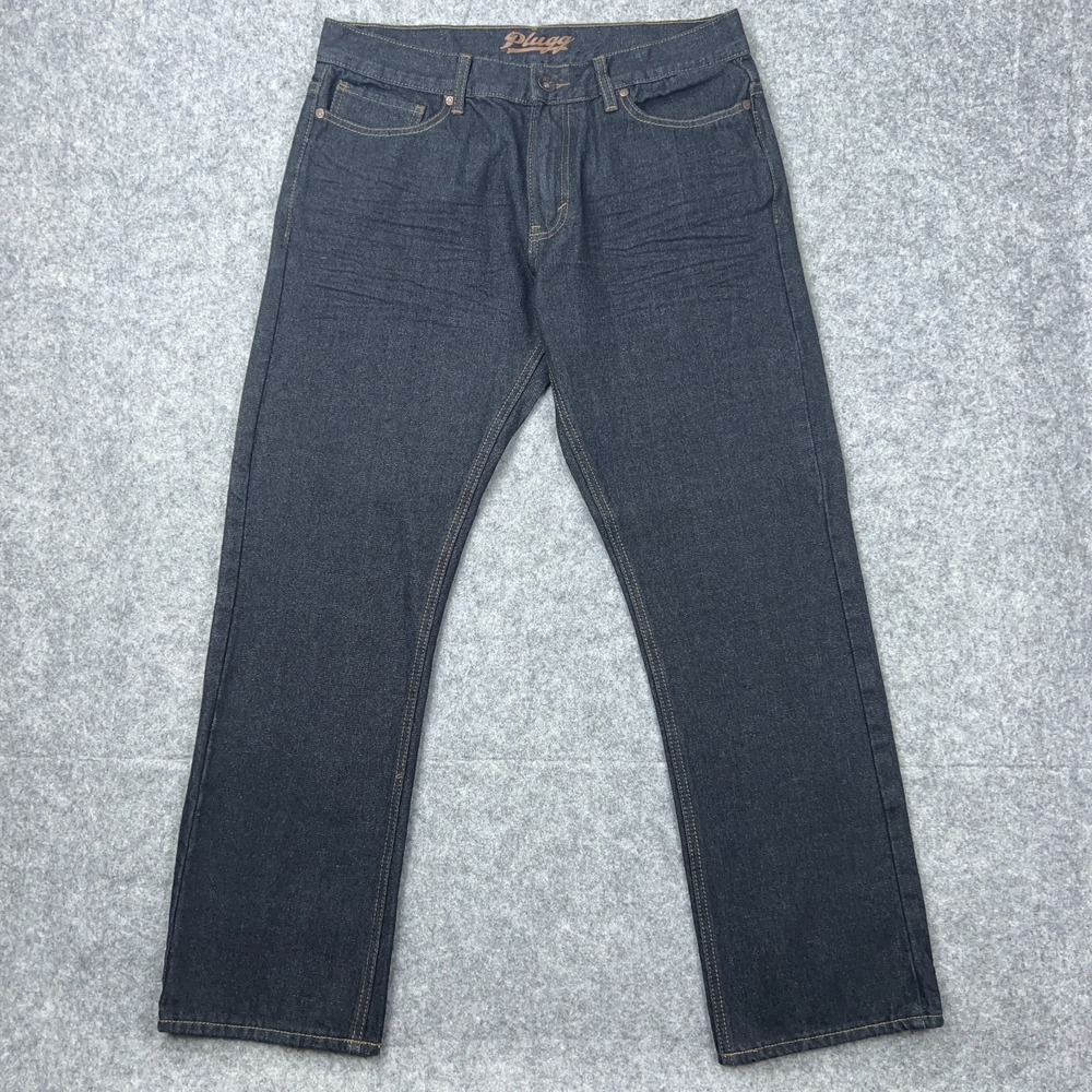 VTG Plugg Jeans Mens 32x30‎ Black Straight Leg Flap Pockets Stretch Y2K Denim